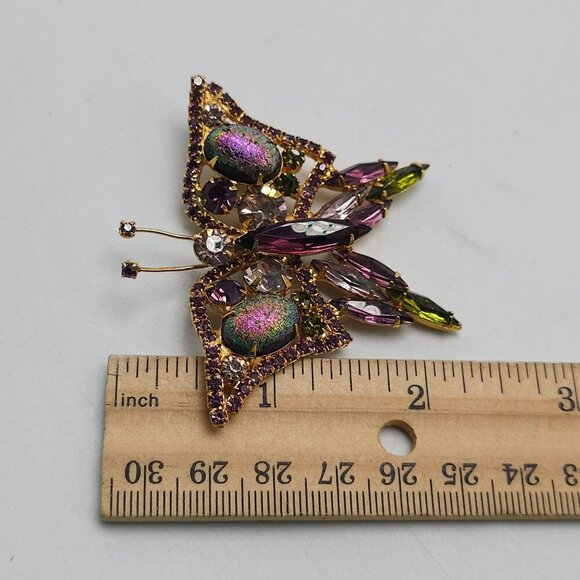 Vintage Purple Rhinestone Butterfly Brooch Pin Stippled Lava Stones - Picture 7 of 7